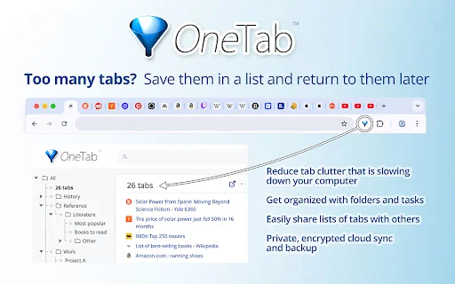 Download OneTab Terbaru – Hemat RAM Hingga 95% di Browser Anda description image 1